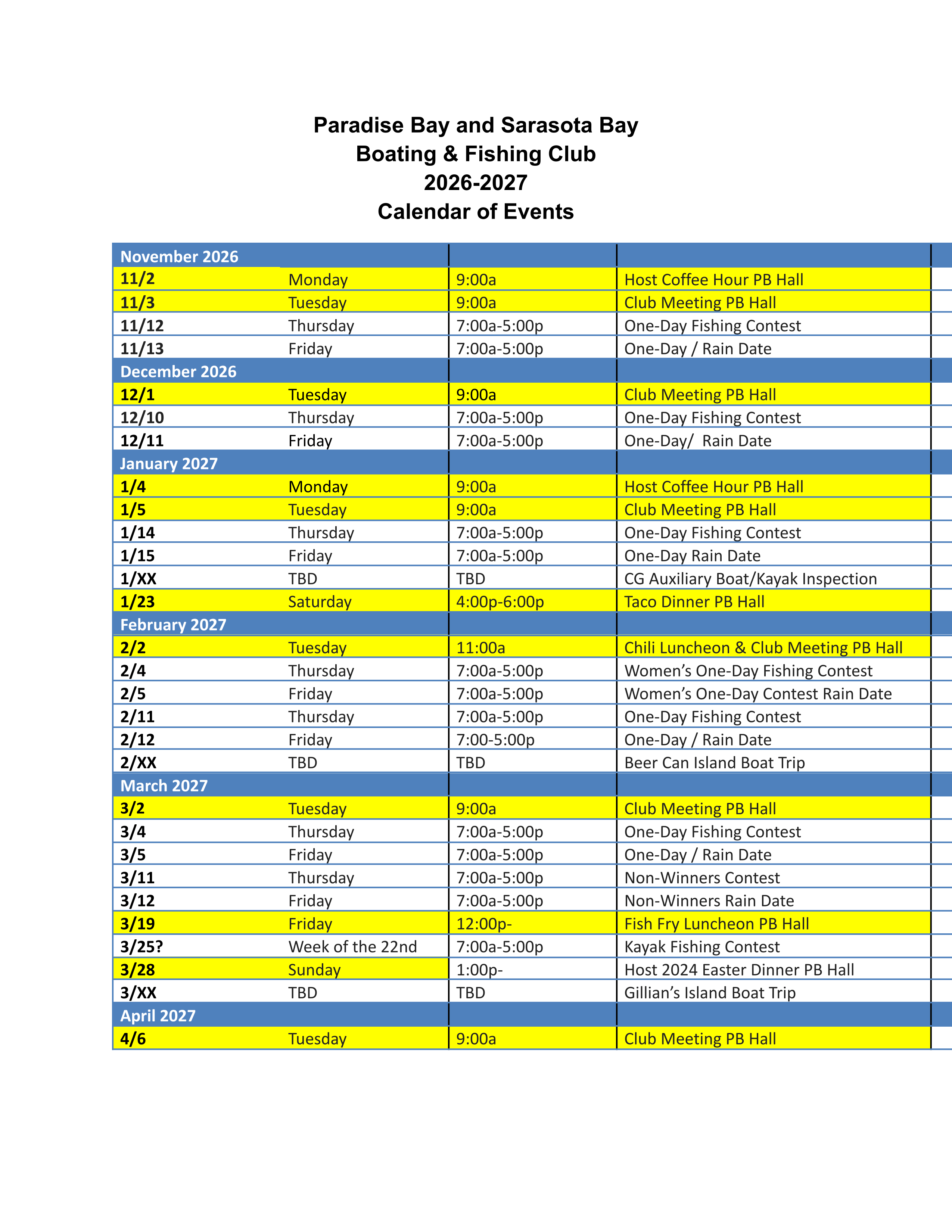 2026-2027 Boat Club Calendar
